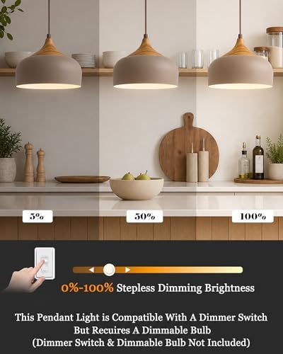 ELYONA 12" Japandi Pendant Light, Farmhouse Pendant Light Fixture with Faux Pine Wood Grain Metal Shade, Adjustable Hanging Light for Kitchen Island Dining Room Bedroom Sloped Ceiling, Caramel Brown - Image 2