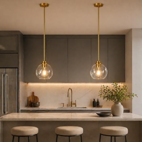 Gold Globe Pendant Light, 2-Pack Modern Clear Glass Hanging Fixture by OUVR