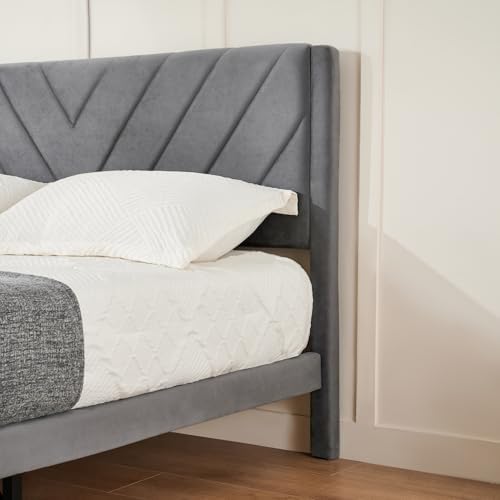 Queen Size Platform Bed Frame with Velvet Headboard, Wing Edge, Sturdy Wooden Slats, Noise-Free, No Box Spring Needed, Easy Assembly, Grey - Image 4