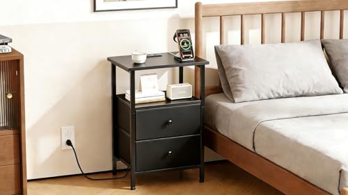 Nightstand with Charging Station, Bedside End Table with 2 Fabric Drawers for Bedroom, Side Table with USB Ports and Outlets (Black) - Image 7