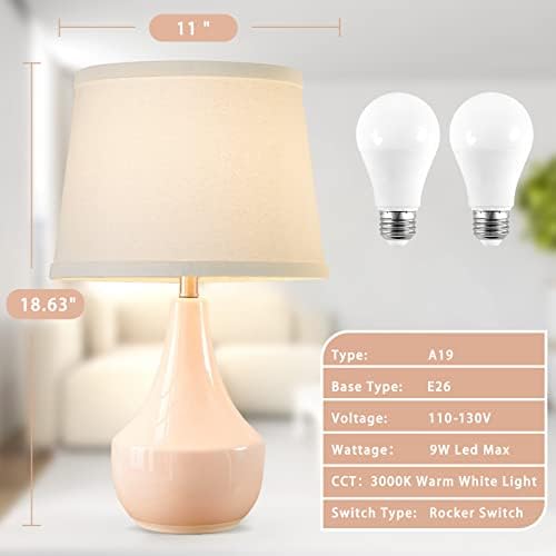 GyroVu 18" Table Lamp Set of 2, Ceramic Lamp Classic Beside Lamps Nightstand Lamp Modern Bedside Lamp for Living Room, Bedroom & Office Rocker Switch Pink-LED Bulbs Included - Image 2