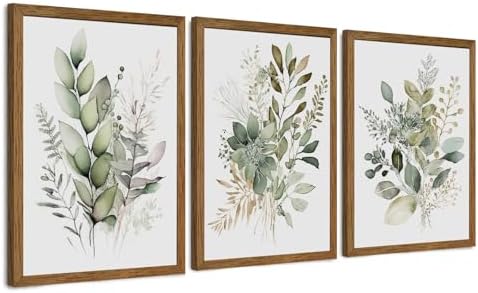 AVECCO 3 Pieces Green Watercolor Botanical Framed Canvas Wall Art 12x16 in by Unknown