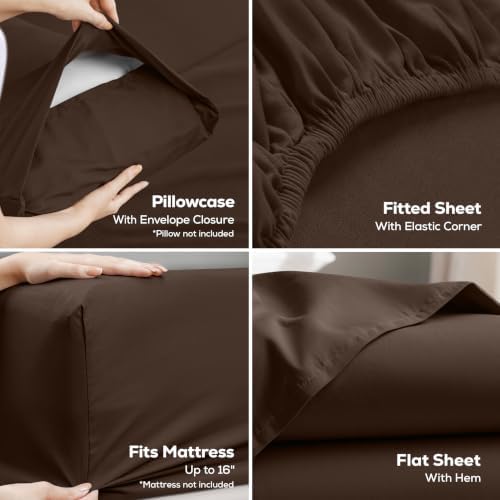 Full Sheets Set, 4 Pieces 16" Deep Pocket Hotel Luxury Bed Sheets, Brown - Image 3