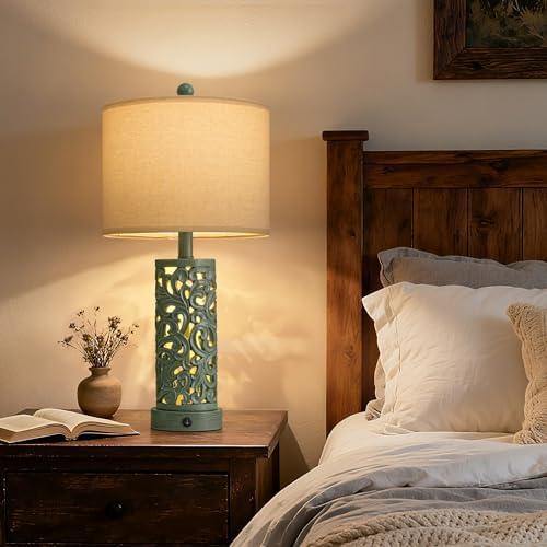 OYEARS 22'' Table Lamp Set of 2 for Living Room, Farmhouse Lamp for Bedroom, Vintage Bedside Lamps with Retro Design and USB Ports, Linen Shade for Home Office (Bulb Included, Green) - Image 6