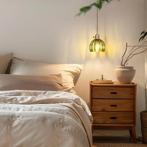 Shenmoyl Pendant Light with Green Tulip Glass Lmapshade, Brass Vintage Pendant Light Adjustable Hanging Light for Kitchen Island Dining Room Hallway - Image 4