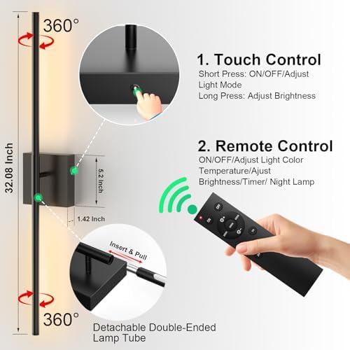 Tartek Battery Operated Wall Sconces Set of Two, Rechargeable Wall Lights with Remote Control, Dimmable 3000K-6000K LED Wall Lamp, 360°Rotate, Long Wireless Sconces for Living Room, Bedroom - Image 5