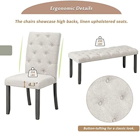 Mirightone 6-Piece Farmhouse Dining Table Set for 6 Rectangular Table Set with 4 Upholstered Chairs and Bench, Solid Wood Dining Table Set for Kitchen, Dining Room (Grey) - Image 6