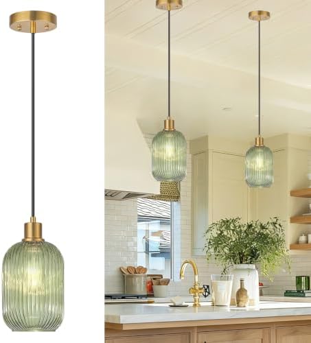 2 Pack Pendant Lights with Vintage Green Ribbed Glass Lampshade, Adjustable Brushed Gold Pendant Lights Fixtures for Kitchen Island Lighting Sink, Dining & Living Room Hallway (Bulbs Not Included) by BringBrightnesstoYourLife