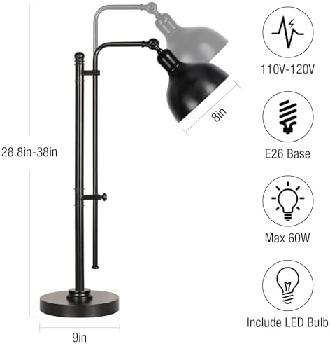 PARTPHONER Industrial Adjustable Desk Lamp for Home Office, Farmhouse Table lamp 29''-38'', Rustic Metal Task Desk Lamp in Aged Bronze Finish, Vintage Reading Lamp for Study Room，Black - Image 2