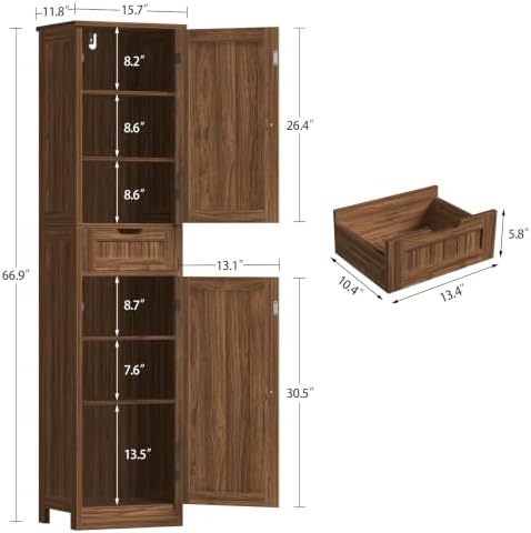 Iwell 66.9" Tall Bathroom Storage Cabinet with 2 Doors & 1 Drawer - Image 3