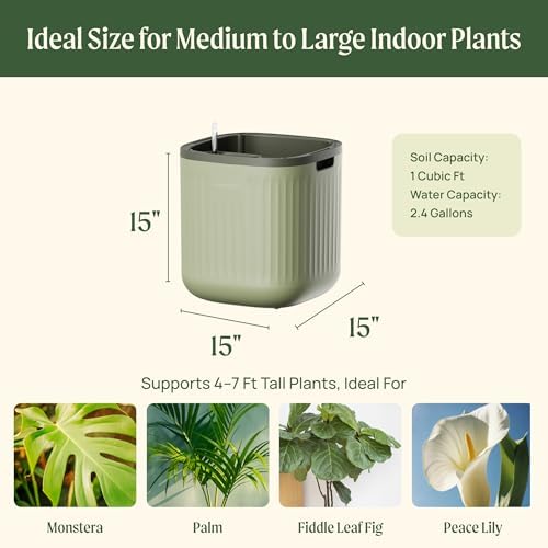 15 Inch Self-Watering Planter for Indoor Plants – Large Modern Plant Pot with Built-In Water Reservoir, Ideal for Monstera, Fiddle Leaf Fig, Palms & Peace Lily, Without Trellis (1, Sage Green) - Image 2