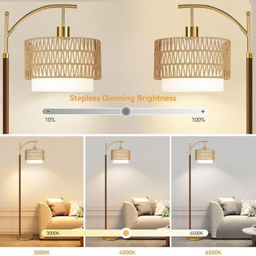 ZECOXOL Boho Floor Lamps for Living Room Rattan Floor lamp with Remote Control & 3 Color Temperatures,Vintage Wood Mid Century Modern Standing Lamp Dimmable Tall Floor Lamp for Bedroom Corner - Image 2