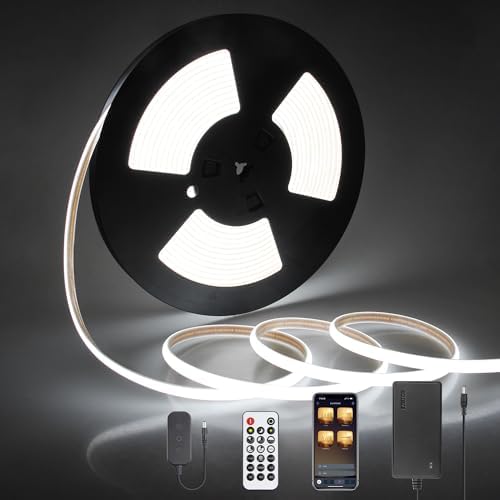 Outdoor LED Light Strips with Remote 32.8FT 24V LED COB Light Strip 6000K Daylight White Waterproof LED Tape Light Flexible Tunable 3200LEDs/10M for Patio Balcony (Adapter are Included) by Samsion