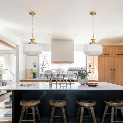 Vintage Brass Milk Glass Pendant Light Fixture, 13.8" White Pleated Glass Chandelier, Antique Pendant Lights, for Kitchen Island Lighting, Hallway, Bedroom, Dining Room, Foyer, E26 Bulb Included - Image 5