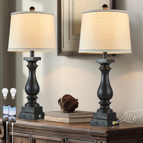 28" Tall Farmhouse Table Lamps Set of 2 with USB C+A Ports and AC Outlet, 3 Way Touch Control Rustic Bedside Lamp for Bedroom, Black Vintage Nightstand Lamp for Living Room Office by MouvovoLighting
