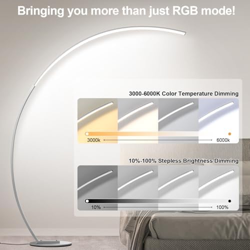 RGB Floor Lamp with 3 Color Temperatures, Ultra Bright 1800LM Smart Arc LED Floor Lamp with Remote Control, Music Sync, Scene Modes, Modern Standing Tall Lamp for Bedroom Living Room-Brushed Nickel - Image 3