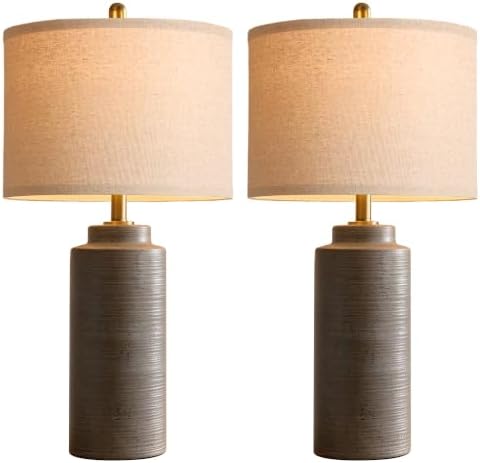 PARTPHONER 27" Vintage Ceramic Table Lamp Set of 2, Rustic Farmhouse Bedside Lamps with Ribbed Textured Finish, Greyish Brown Earth Tone Nightstand Lamps for Living Room Bedroom End Tables Home Decor - Image 2