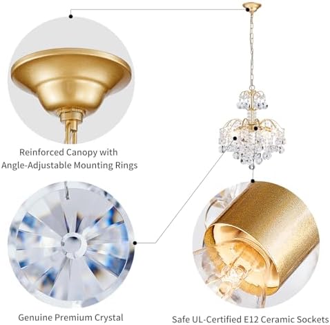 WUZUPS 5-Light Crystal Chandelier Pendant Ceiling Light Modern Lighting Fixture for Bedroom Hallway Bar Kitchen Bathroom, H 20.3" W17.1, E12 Base, Gold - Image 3