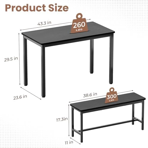 Dining Table Set for 4, 3 Piece Dining Room Table Set for Space-Saving, Modern Kitchen Table with 2 Benchs for Apartment Breakfast Nook and Samll Space, Black - Image 2