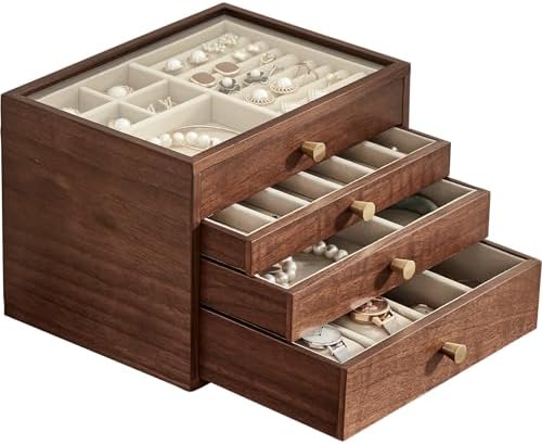 CHOSIN Black Walnut Jewelry Box for Women, 4-Layer Wooden Organizer with Glass Lid, for Watches, Necklaces, Rings & Earrings Storage Christmas Gifts by CHOSIN