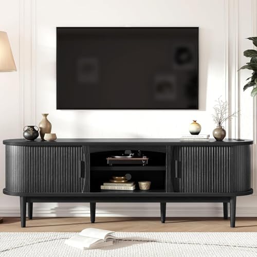 Decofy Mid Century TV Stand for TVs up to 70 Inches, Entertainment Center with Storage, Power Outlet, Fluted Sliding Doors & Adjustable Shelves, Modern Media TV Console Table for Living Room (Black) by Decofy