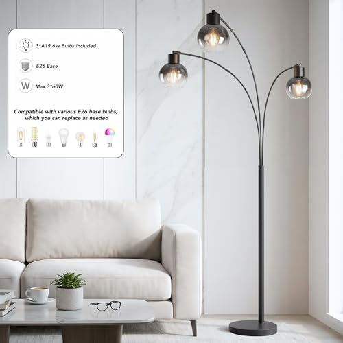 QiMH 3 Lights Floor Lamps for Living Room, 72" Tall Lamp with Gray Glass Shade, Large Tree Floor Lamp with Foot Switch, Modern Arch Floor Lamp for Bedroom Office, Black, 2700K Bulbs Included - Image 3