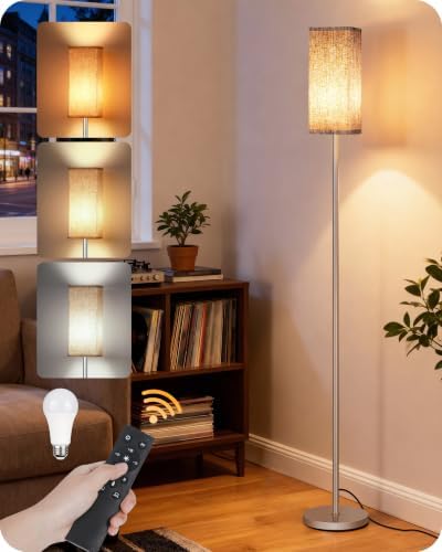 64.2'' Dimmable Floor Lamp for Living Room with Remote and Foot Switch, Corner Floor Lamp for Bedroom, Includes 10W A19 Bulb, Modern Standing Tall Lamp, ETL Listed Silver and Beige SE17LD05 by GOEBLESON
