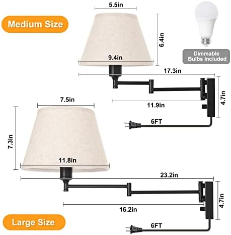 TRLIFE Wall Sconce Plug in, Remote Control Dimming 10-100% and Adjustable Color Temperature 2700K-6500K Swing Arm Wall Lights with Plug in Cord, 11.8" Large Beige Fabric Shade(2 Pack, 2 Bulbs) - Image 5