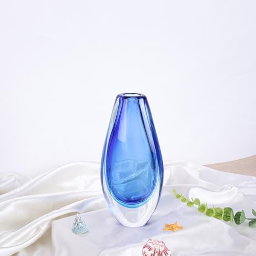 Hand Blown Glass Vase – 8.9" Tall Oval Decorative Art Glass with Colorful Speckled Finish, Luxury Centerpiece for Dining Table, Coffee Table, Mantel, Shelf, Murano Coastal Decor (Blue) - Image 5