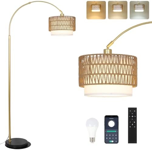 Arc Floor Lamp for bedroom with Rattan & Linen Shades, Gold Floor Lamp with Remote & Dimming Bulb, Rustic Standing Lamp with 3 Color Temperatures, Adjustable Height Farmhouse Tall Lamp for Living Room by EYASSI