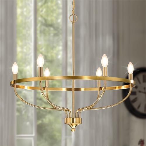 Gold Chandelier for Dining Room, 28.5 Inch Diameter Modern Farmhouse Candle Chandelier Light Fixture Over Table, 6-Light Brass Chandelier Lighting for Kitchen, Bedroom, Living Room (E12 Base) by Senroyal