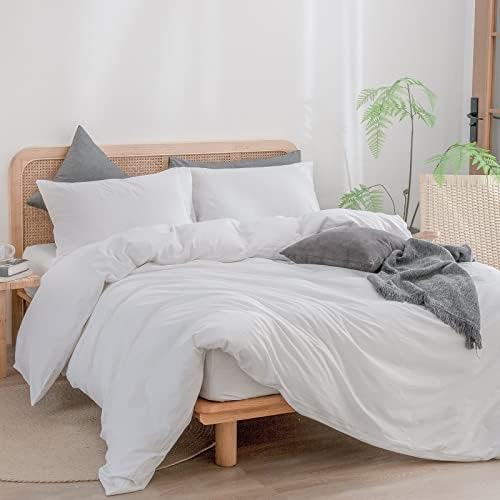 BESTOUCH Cotton Solid Duvet Cover Set Linen Feel Bright White Queen - Image 4
