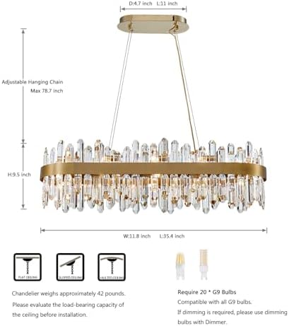 Gold Oval Crystal Chandelier L35.4 inch, 20-Lights Gold Chandeliers Modern Crystal Chandelier Pendant Light Fixture G9 Lights Pendant Ceiling Light for Dining Living Room Kitchen Island - Image 2