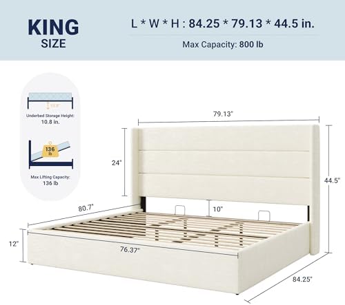 Allewie King Size Chenille Lift Up Hydraulic Storage Bed Frame Cream White - Image 2