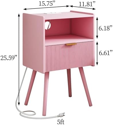JOONEE Nightstand with Oultlet,Modern Bedside Table with Storage Drawer and Open Wood Shelf, for Living Room, Bedroom and Small Spaces, Accent Night Stand with Solid Wood Legs, Easy Assembly,Pink - Image 2