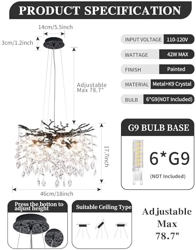 Modern Tree Branch Crystal Chandelier Luxury Black Crystal Pendant Lighting 18" Contemporary 6-Light Chandeliers for Dining Room Kitchen Bedroom Living Room - Image 6