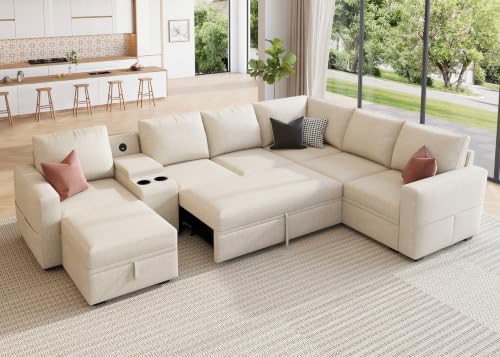 HONBAY Modular Sleeper Sofa with Pull Out Bed, Central Console, Beige by HONBAY