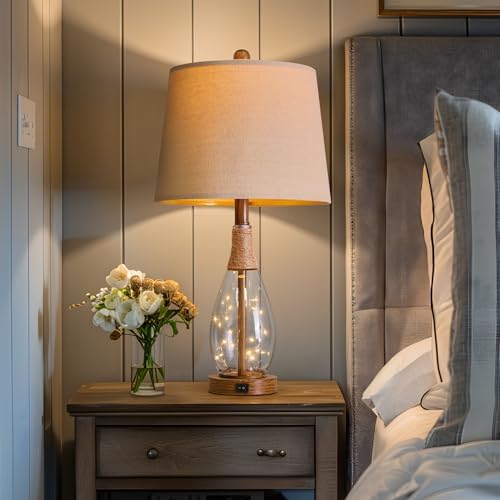 OYEARS 23" USB A+C Table Lamp for Bedroom Living Room Modern Bedside Lamps Retro Farmhouse Rattan Glass Nightstand Nightlight Lamps,Two Light Points - Image 5