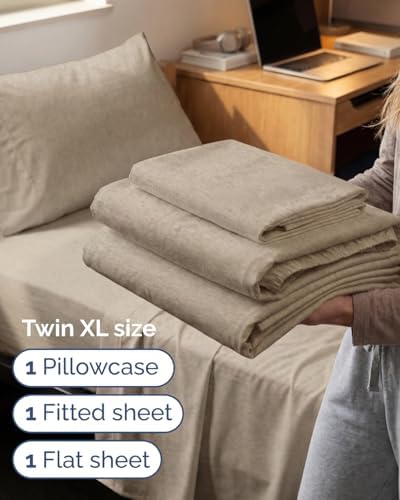 Twin XL 3 Piece Sheet Set - College Dorm Room Essentials - Heathered Beige - Image 3