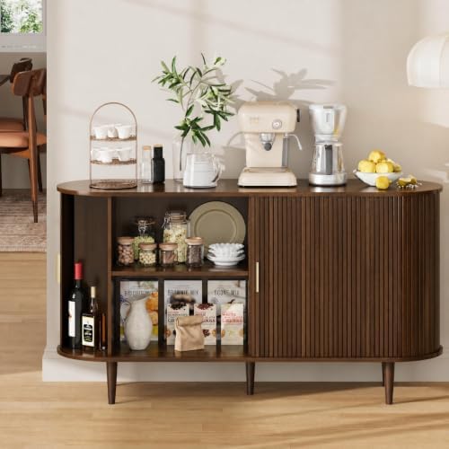DHH Sideboard Buffet Cabinet with Storage,Mid Century Modern Fluted Accent Coffee Bar Console Table,Tambour Sliding Doors& Adjustable Shelf for Kitchen, Living Room, Entryway(Walnut,55 Inch) - Image 6