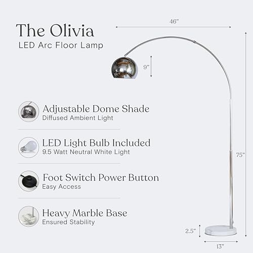 Brightech Olivia Floor Lamp - Chic Arc Lamp with Rounded Spolight Head and Marble Base for Living Room, Tall Standing Lamp with LED Light Bulb for Bedroom Reading, Boho Home Decor for Office - Chrome - Image 3