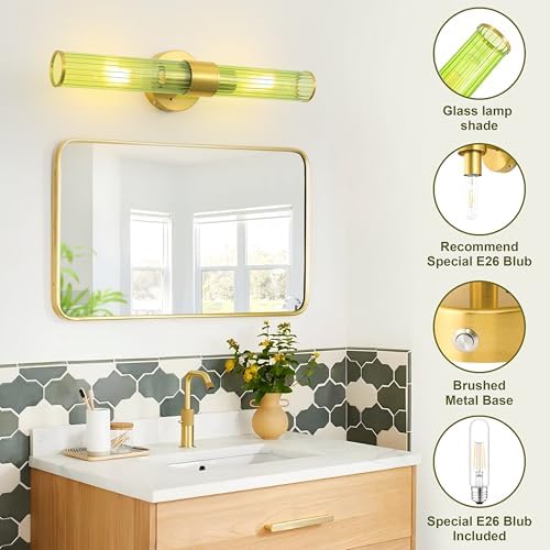 Morauroral Gold Battery Operated Wall Sconces Set of 2, Rechargeable Wall Lights with Remote Control, 20 Inch Modern Wireless Wall Lamp for Bedroom, Living Room with Green Shade (Bulbs Included) - Image 2