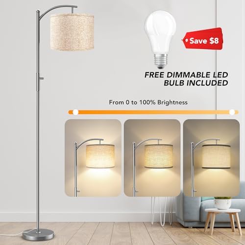 ROTTOGOON Dimmable Floor Lamp, Arc Floor Lamps for Living Room, Stepless Dimming Modern Standing Lamp with Linen Shade, Tall Lamp for Bedroom Office Dining Room- Silver - Image 3