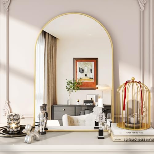VooBang Arched Wall Mirror, 20 x 30 inch Arch Bathroom Mirror, Wall Mounted Vanity Mirror with Arch Metal Frame, Modern Bathroom Vanity Mirror for Bedroom, Living Room, Hanging or Leaning, Gold by VooBang