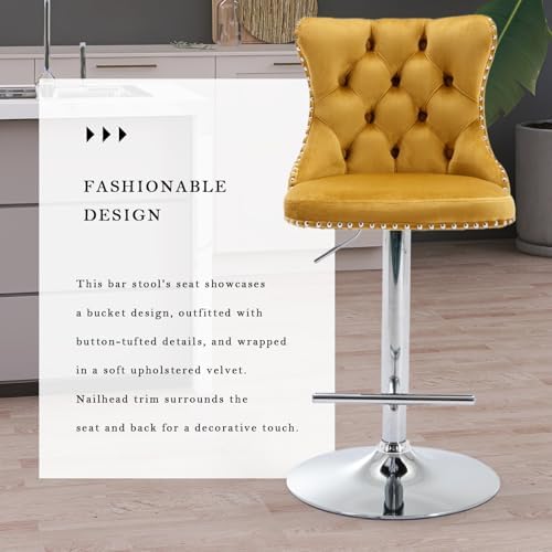SoarFlash Velvet Bar Stool Set of 6, Adjustable Swivel Bar Stools with Silver Plated Metal Leg, Button Tufted, Footrest, Chrome Nailhead, Counter Height Chair for Kitchen, Bar, Dining Room (Gold) - Image 5