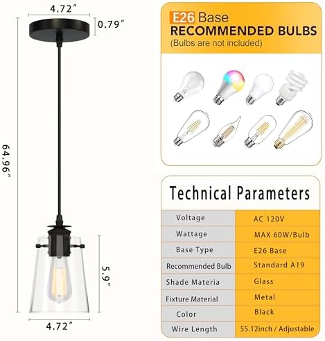 Modern Farmhouse Minimalist Pendant Light, 5.91" Glass Shade Hanging Fixture with 55" Adjustable Cord, E26 Socket for Kitchen Island, Bedroom, Hallway, Bar, Black 1pcs - Image 2