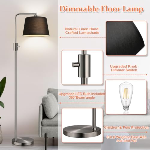 Nintiue 【Upgraded】 Dimmable Floor Lamp, 1000 Lumens LED Edison Bulb Included, Brushed Nickel Arc Floor Lamps Modern Standing Lamp with Black Shade, Tall Lamps for Living Room Bedroom - Image 5