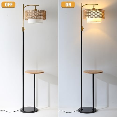 Dimmable Floor Lamp with Table and Marble Base, Arc Floor Lamp with Dimmable Bulb, Boho Farmhouse Standing lamp with Fabric & Rattan Lampshades for Living Room Bedroom (Black and Gold) - Image 5