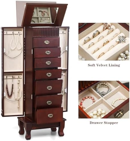 AVAWING Standing Jewelry Cabinet Armoire with Top Flip Mirror, 7 Drawers & 12 Necklace Hooks, Jewelry Box Storage Organizer with 2 Side Swing Doors (Reddish Brown) - Image 3