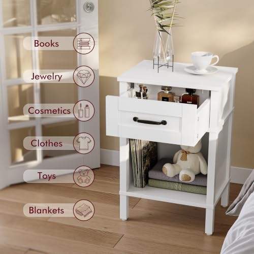 White Farmhouse Nightstand with Drawer, Small Wooden Bedside Table, White Marden End Table, Bedroom Side Table with Storage, Wooden Night Stand LET512WW - Image 6